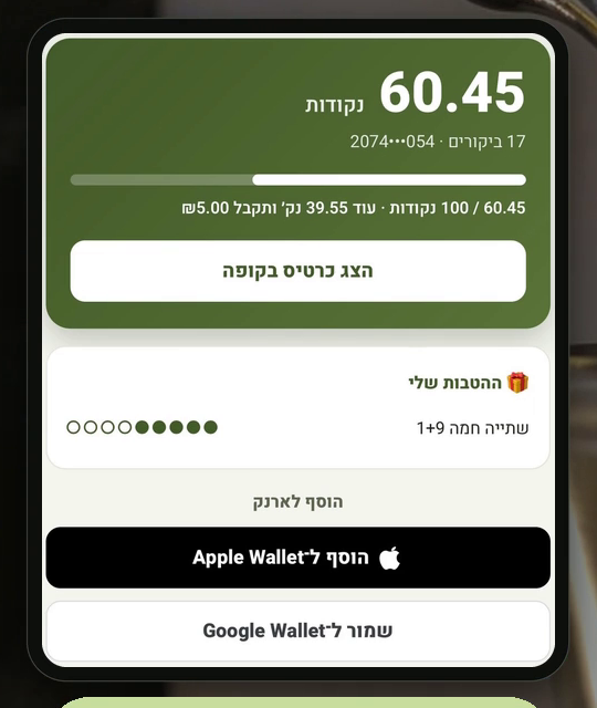 כרטיס מועדון דיגיטלי בטלפון: נקודות, כרטיסיית ניקוב, והוספה לארנק